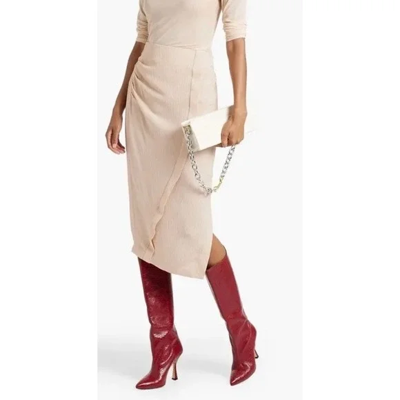 Acne Studios Textured Ruched Crepon Midi Skirt Beige High Waisted Side Slit - Picture 2 of 11